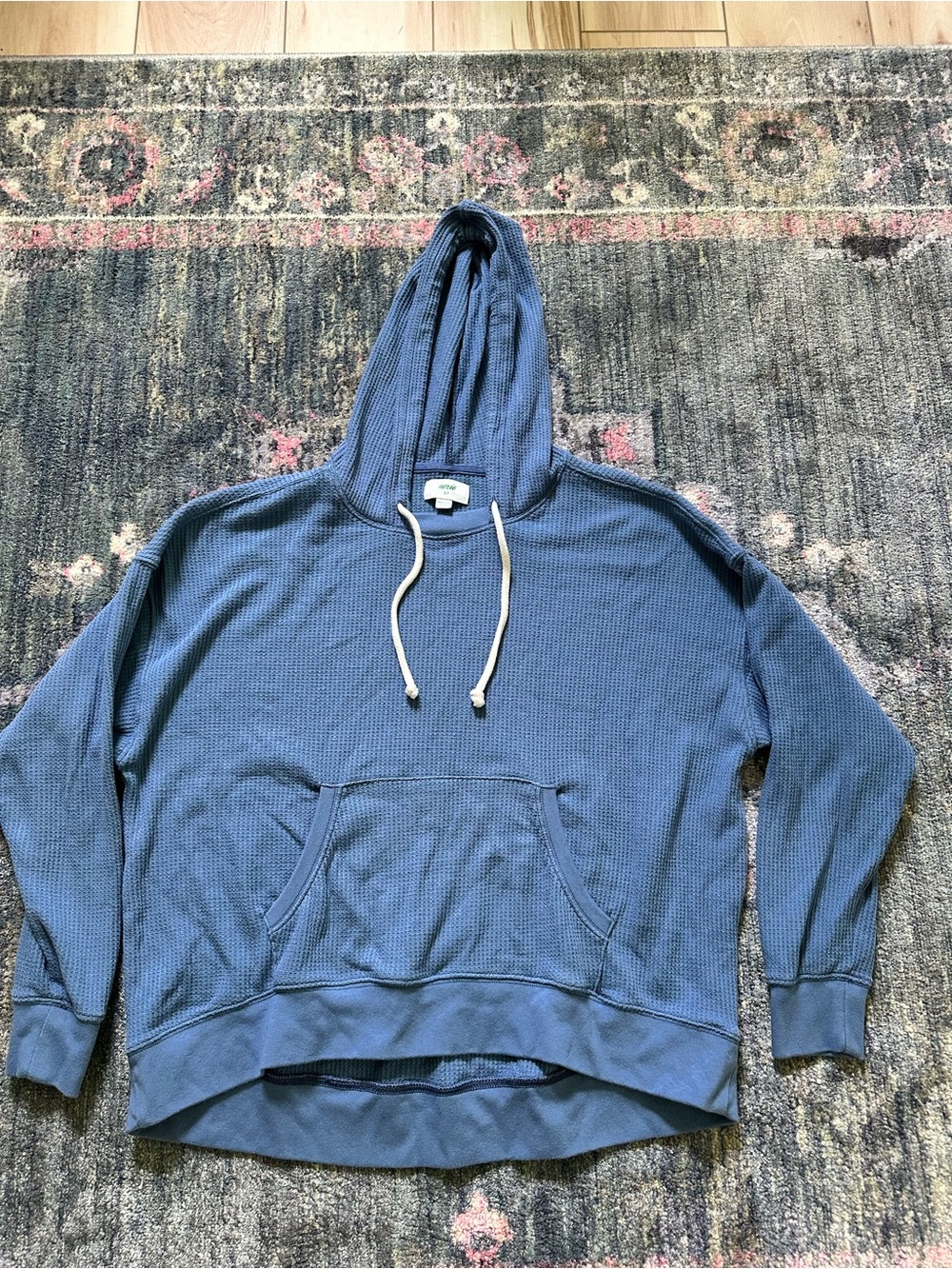 aerie Blue Waffle-Knit Hooded Pullover Size Small Trending Cozy Winter Layering